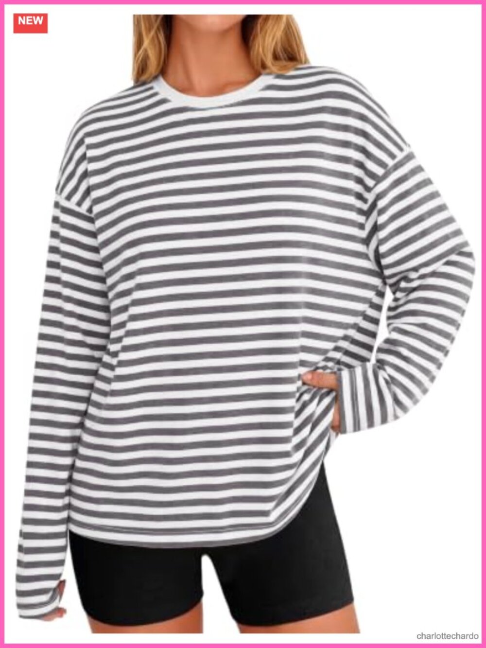 Oversized Striped Long Sleeve Cotton Blend T-Shirt
